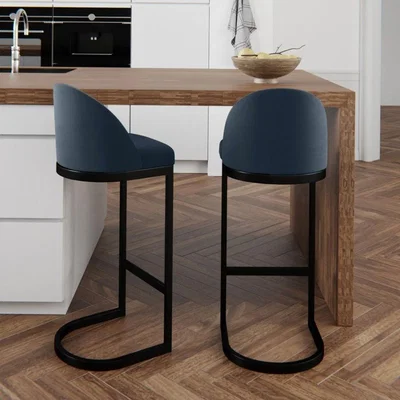 Cult Furniture £30  Off  Matteo Kitchen Stool with Backrest, Ink Grey Sustainable Velvet Leg Colour: Black