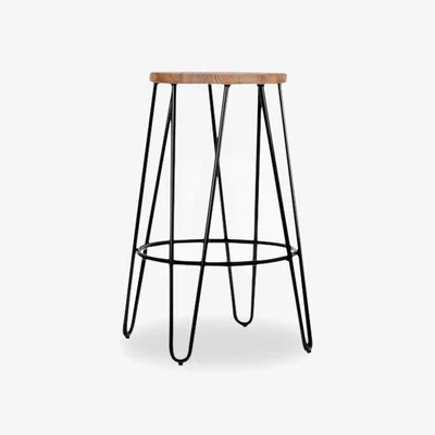 Cult Furniture Hairpin Metal Kitchen Stool, Elm Wood & Black Natural Wood Seat