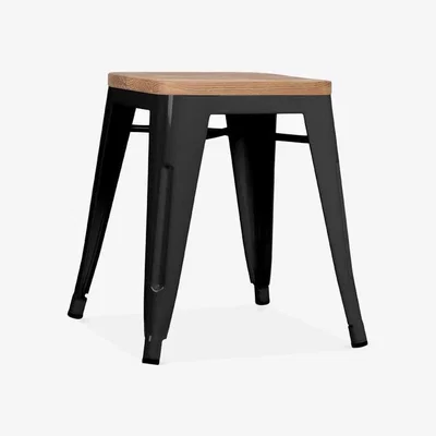 Cult Furniture £10 Off Xavier Pauchard Tolix Style Metal Low Stool, Natural & Matte Black Natural Wood Seat
