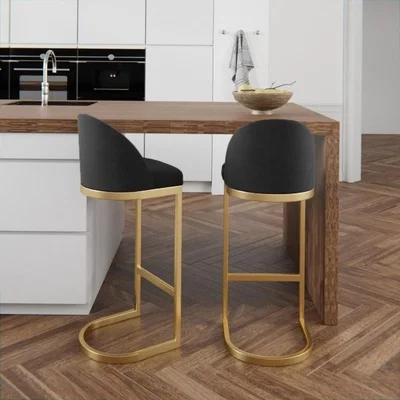 Cult Furniture Matteo Kitchen Stool with Backrest, Midnight Grey Sustainable Velvet Leg Colour: Brass