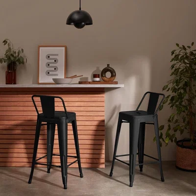 Cult Furniture Xavier Pauchard Tolix Style Metal Kitchen Stool with Backrest, Black Option: Low Backrest