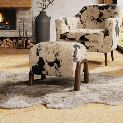 Dunelm Curved Cow Fur Wooden Accent Stool Faux Cow Print Black and White