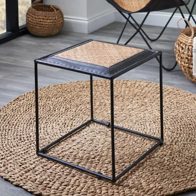 Dunelm Ezio Leather and Rattan Stool Black