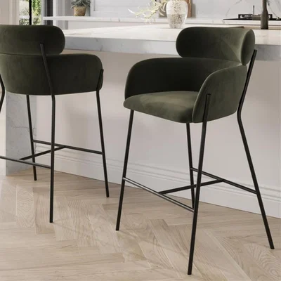 Furniture123 Green Velvet Curved Kitchen Stool with Back - Isla