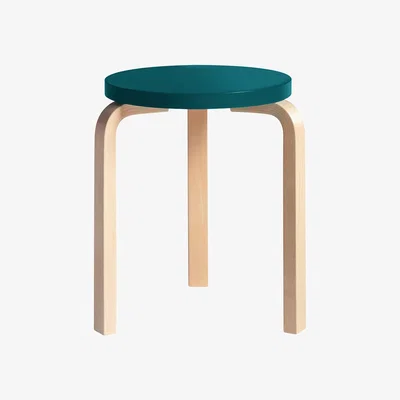 Heal's Artek Stool 60 Natural Lacquered Birch Petrol Lacquered