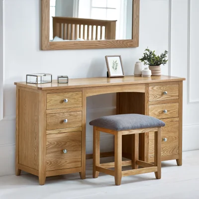 Happy Beds Mallory – 6-Drawer Double Pedestal Dressing Table and Stool – Oak/Grey – Wooden/Fabric - Happy Beds