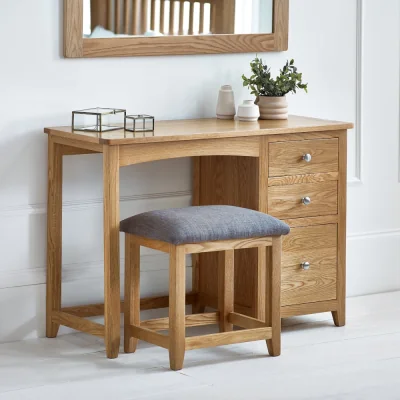 Happy Beds Mallory – 3-Drawer Single Pedestal Dressing Table and Stool – Oak/Grey – Wooden/Fabric - Happy Beds