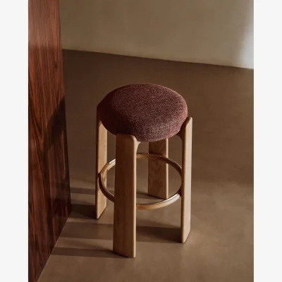 Kave Home Granite fire-retardant stool in terracotta chenille and solid ash wood with natural finish FSC 100% 75 cm