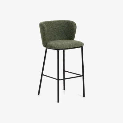 Kave Home Ciselia dark green thick chenille stool with black finish steel legs FSC Mix Credit 75cm