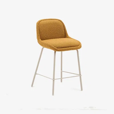 Kave Home Aimin stool in mustard bouclé fabric with steel legs in a beige paint finish 65 cm