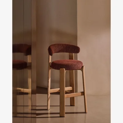 Kave Home Granite fire-retardant stool with backrest in terracotta chenille and solid ash wood with natural-coloured finish FSC 100% 75cm