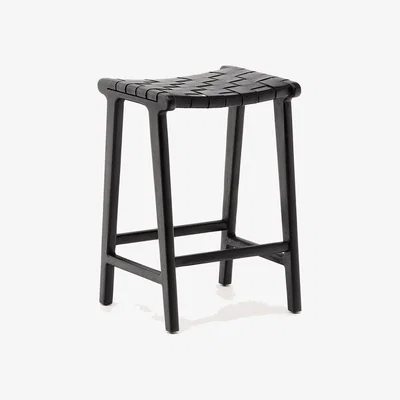 Kave Home Calixta stool in leather and solid mahogany wood with black finish, 67 cm height