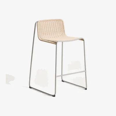 Kave Home Tavari stackable stool in beige synthetic rope cord and brushed-effect stainless steel 75cm