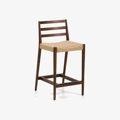 Kave Home Analy stool with backrest in solid oak wood with walnut-tone finish and rope seat, 65 cm, FSC 100%