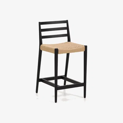 Kave Home Analy stool with a backrest in solid oak wood in a black finish and rope cord seat, 65 cm, FSC 100%