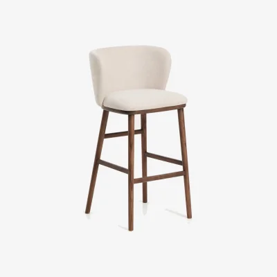 Kave Home Ciselia beige chenille stool with solid ash wood legs with walnut-coloured finish FSC Mix Credit 75cm