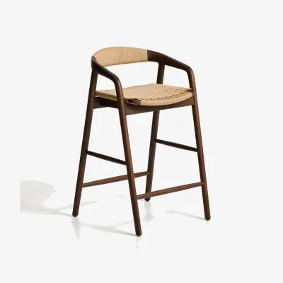 Kave Home Derile stool in solid oak wood with walnut finish and beige paper rope cord FSC 100% 65 cm