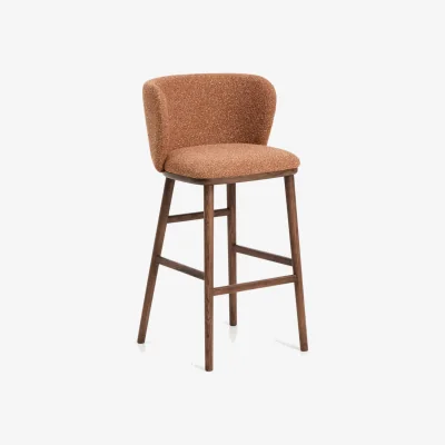 Kave Home Ciselia terracotta thick chenille stool with solid ash wood legs with walnut-coloured finish FSC Mix Credit 75cm