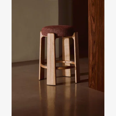 Kave Home Granite fire-retardant stool in terracotta chenille and solid ash wood with natural finish FSC 100% 65 cm