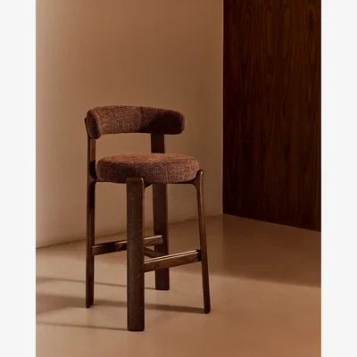 Kave Home Granite fire-retardant stool with backrest in brown chenille and solid ash wood with walnut-coloured finish FSC 100% 75cm