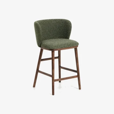 Kave Home Ciselia dark green thick chenille stool with solid ash wood legs with walnut-coloured finish FSC Mix Credit 65cm