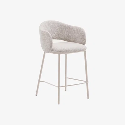 Kave Home Maina stool in thick beige chenille and steel legs in a beige finish, FSC Mix Credit, 65 cm