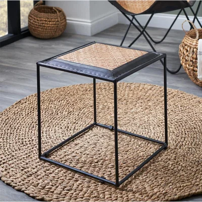 La Redoute Rattan and Leather Square Stool