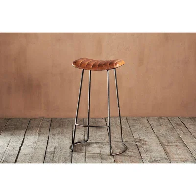 Nkuku Nkuku Narwana Ribbed Leather Stool | Furniture | Black & Brown | Large 75 x 51 x 40 cm