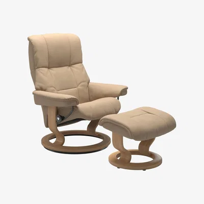 Downtown Leather Stressless Quickship Mayfair Medium Chair & Stool Classic Base in Paloma Beige