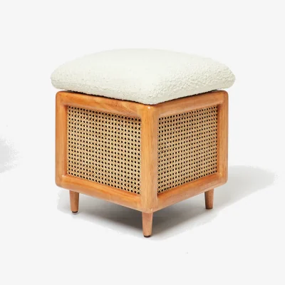 Oliver Bonas Loha Rattan Faux Sheepskin Boucle Storage Stool