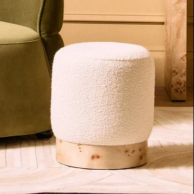 Pagazzi Mota Cream Boucle and Burl Wood Round Stool