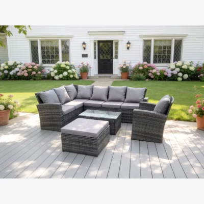 The Range 8 Seater Rattan Garden Furniture Set Coffee Table Big Stool - Dark Grey Mixed