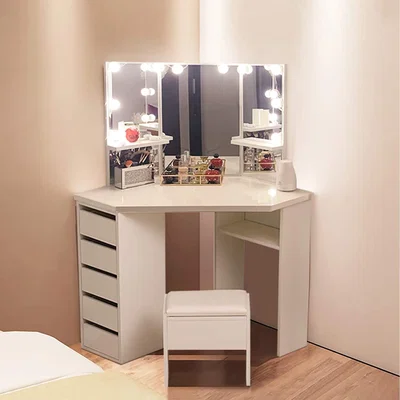 The Range Corner Dressing Table with 3 Mirrors Stool LED Bulbs 5 Drawers - White