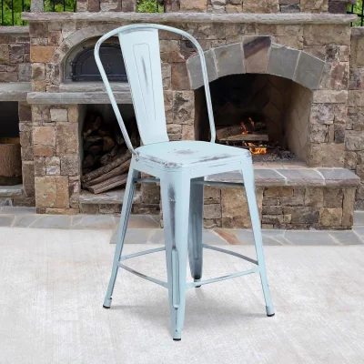 The Range FWStyle 24 Inch Distressed Metal Indoor and Outdoor Counter High Stools - Light Blue