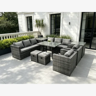 The Range Fimous Rattan Garden Dining Table 10 Seat 2 Side Table 2 Stool - Dark Grey