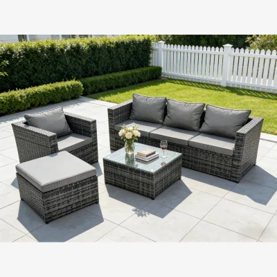 The Range Lounge Rattan Sofa Set + Tables + Stool Patio 5 Seater
