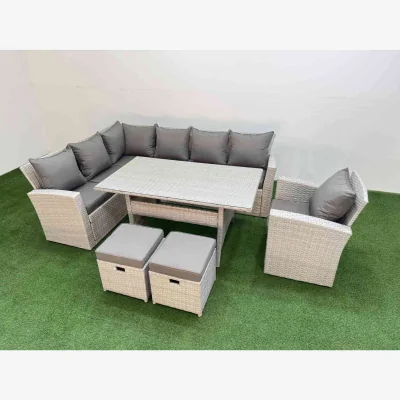 The Range Fimous 9-Seater Light Grey Mixed Rattan Set, Corner Sofa, Table & 2 Stools - Light Grey Mixed