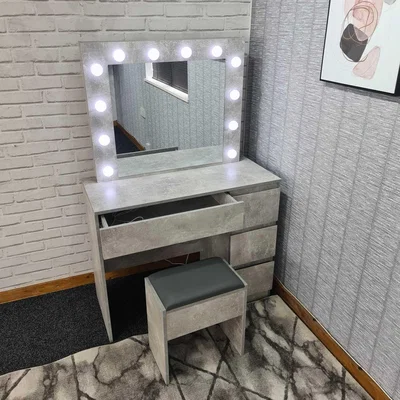 The Range Stone Grey Effect Vanity Dressing Table with 4 Drawers LED Mirror and Stool - Grey
