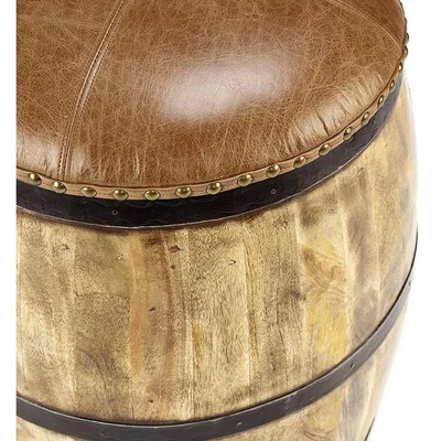 The Range Wooden Lift Off Lid Whiskey Barrel Stool Leather Top - Dark Brown