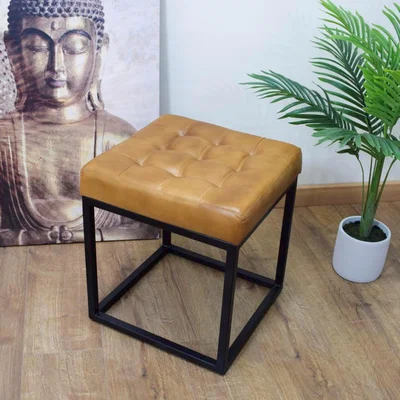 The Range Handmade Genuine Tan Leather Square Stool With Black Iron Frame - Tan