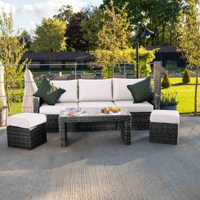 The Range 3 Seater Black Rattan Sofa and Stools Set With Coffee Table - Black