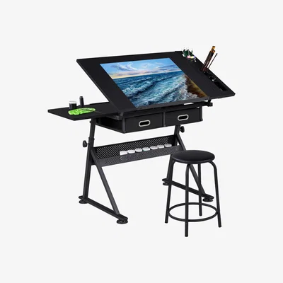 The Range Adjustable Drafting Table with Stool - Black