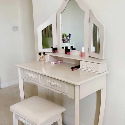 The Range Cream Folding Three Mirror Dressing Table With Stool - Cream