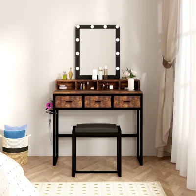 The Range HMD 3 Drawers Dressing Table and Stool Set with Mirror and 10 Bulb Lights - Vintage color