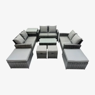 The Range Fimous PE Rattan Outdoor Set ¿ 3 x 2-Seater Sofas, Tables & 4 Stools, Dark Grey - Dark grey mixed rattan with dark grey fabric