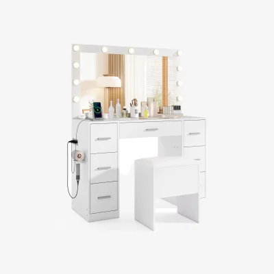 The Range Makeup Table Set with Storage Stool - White