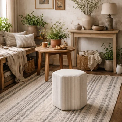 The Range Isabella Hexagon Upholstered Stool and Stripe - Beige