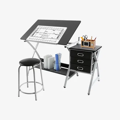 The Range Adjustable Steel Drafting Table with Stool - Black
