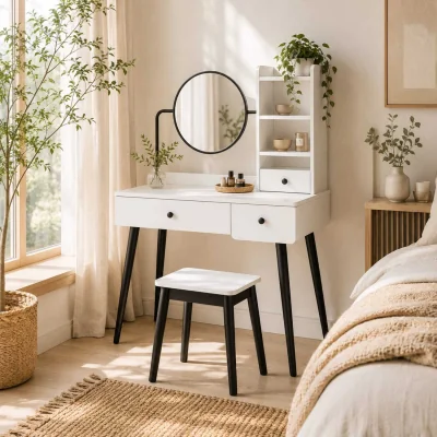 The Range Viro White Dressing Table and Stool Set with 3 Drawers and Open Shelving