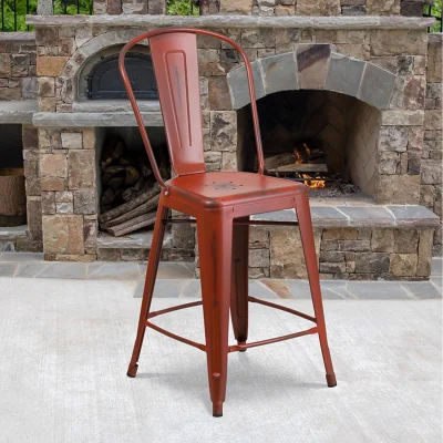 The Range FWStyle 24 Inch Distressed Metal Indoor and Outdoor Counter High Stools - Red